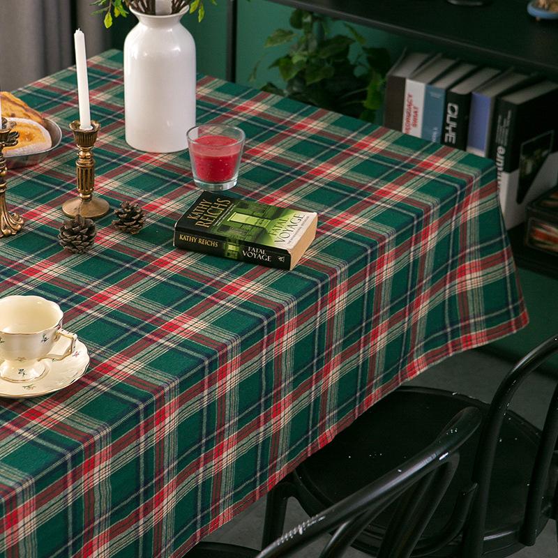 Christmas Plaid Linen Tablecloth Tea Table Cover Vintage American Decorative Fabric