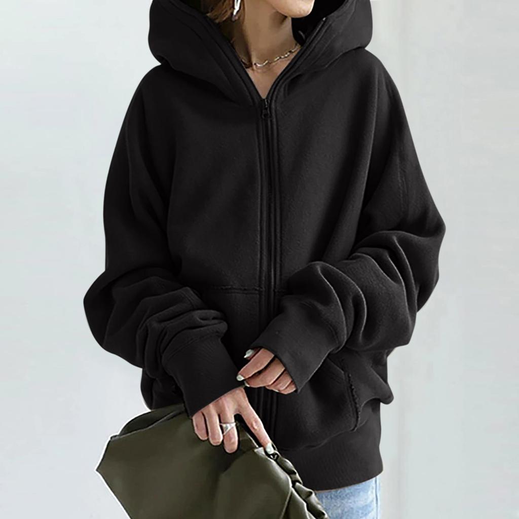 Женская толстовка на молнии больших размеров, зимняя толстовка с капюшоном большого размера и длинными рукавами, теплая свободная верхняя одежда