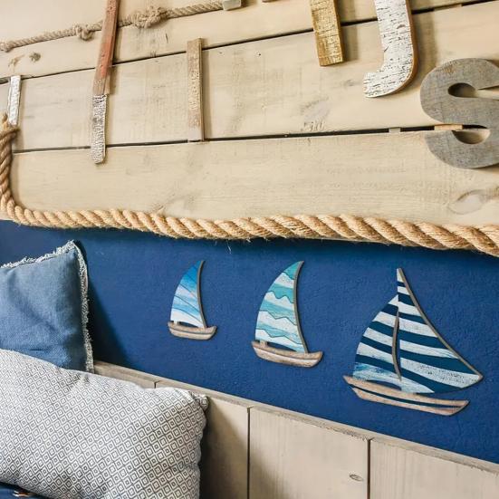 3Pcs/Set Wooden Sailing Boat Wall Decoration Farmhouse Rustic Sailboat Wall Art Home Bedroom Living Room Bathroom Wall Decorative Sign