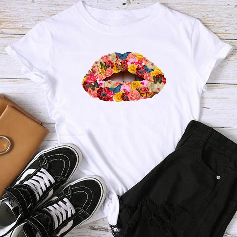 (Asian Size) Fashion Lip Watercolor Style 90s Trend Sweet Print Graphic Tee Female Casual T Clothing Casual Women's Top Short Sleeve T-shirt