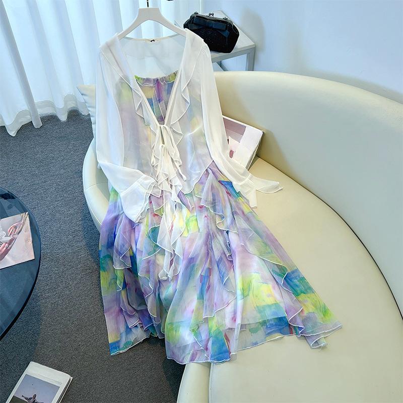 Summer New Style of Plus-size Women's Dress Set with Sun-protective Cardigan, Vest and Halter Dress