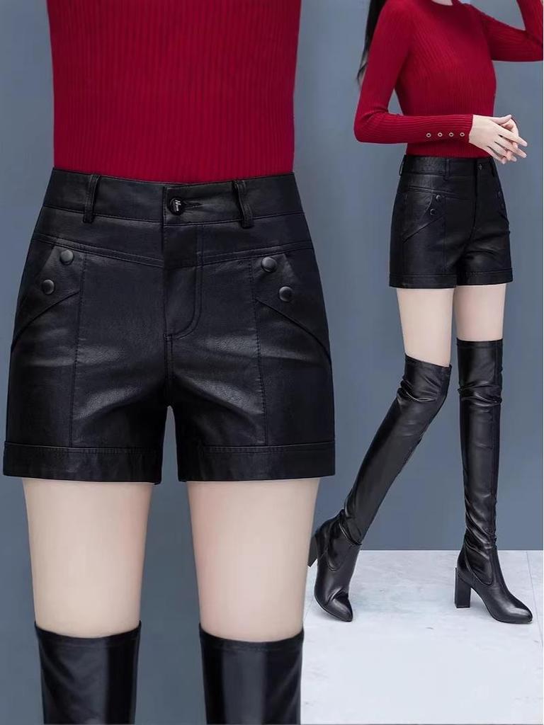 Женские черные кожаные шорты с высокой талией и опциональные брюки bootcut с плюшем для сезона весна/осень 2025