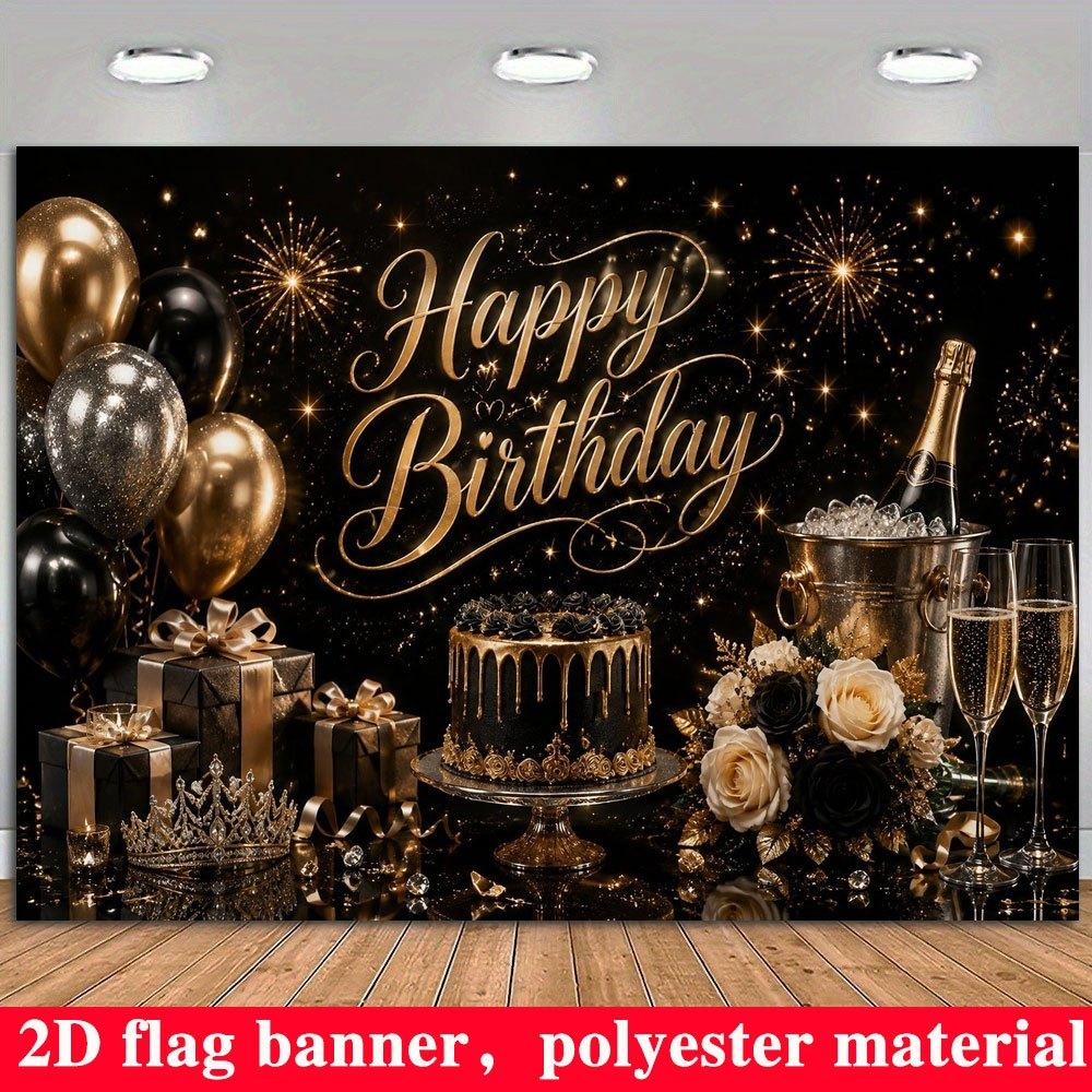 2D Flat Banner, Black and Golden Luxury Birthday Backdrop, Champagne, Cake, Gift Boxes, Balloons