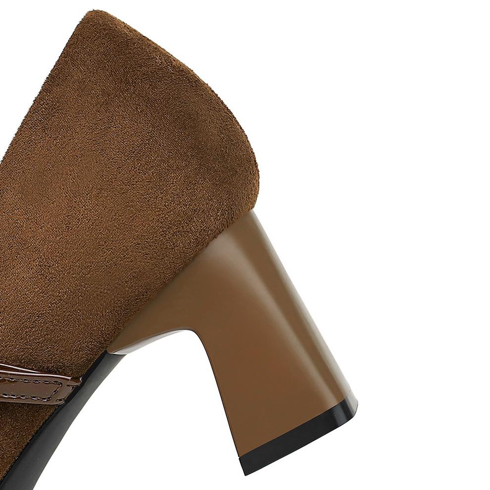 Women's Shoes with Thick Heel, Mid Heel, Shallow Mouth Splicing, Square Toe, Straight Line with Rhinestone Buckle, Single Shoe, Mary Jane Shoes