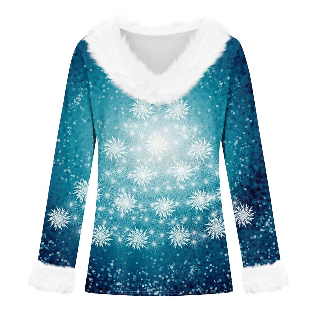 Женская футболка с рождественским принтом, футболка с длинным рукавом, флисовый воротник, топ с V-образным вырезом