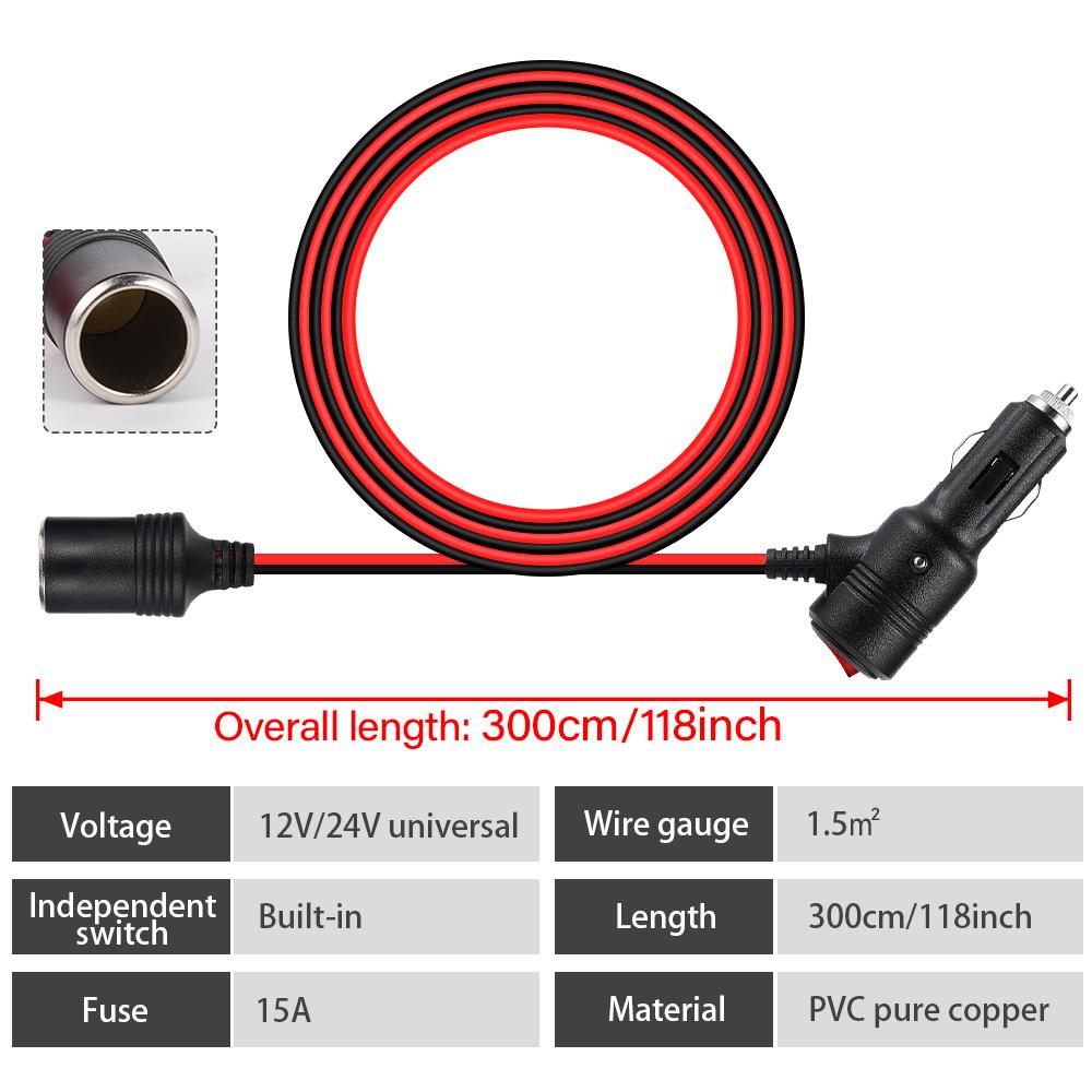 3M 15A Car Cigarette Lighter Extension Cable 12V/24V LED Indicator Cable Car Charger Cigar Lighter Socket Jack Multi Socket