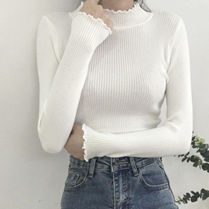 Женский дизайн выреза горловины Свитер с полувысокой горловиной Вязаный свитер Теплый Однотонный С рюшами Эластичный Пуловер Трикотаж Базовые женские топы Свитер с длинными рукавами
