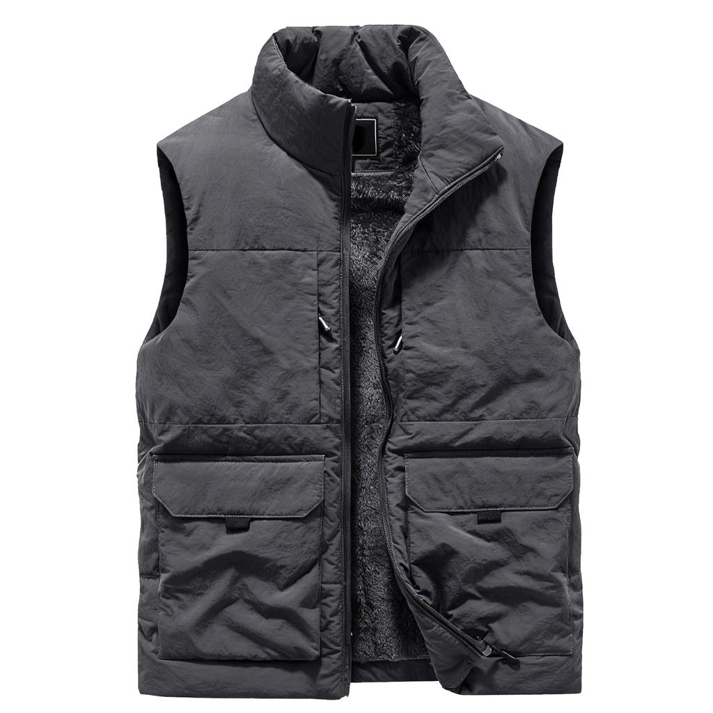 Men's Casual Solid-color Sleeveless Cotton Vest, Men's Fleece Thickened Multi-pocket Stand-up Collar Workwear Jacket