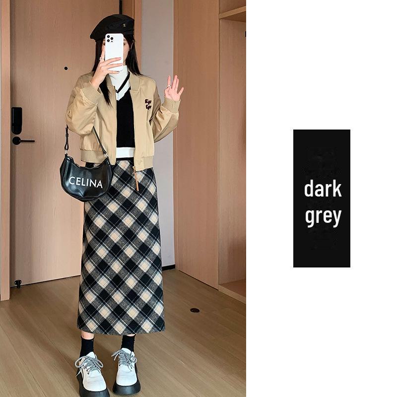 Женская шерстяная клетчатая юбка с высокой талией - узкий А-силуэт средней длины, утолщенная для осени/зимы 2024 г.