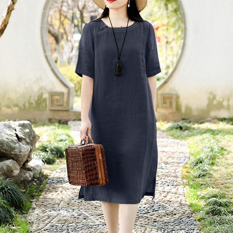 ZANZEA Женское повседневное хлопковое летнее платье с коротким рукавом и круглым вырезом