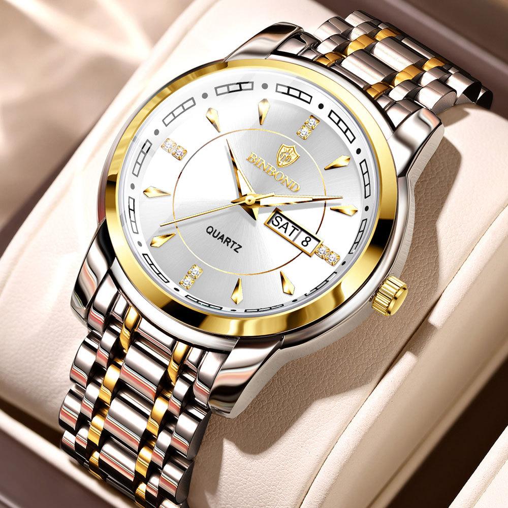 Мужские часы, модные золотые кварцевые часы для мужчин, нержавеющая сталь, водонепроницаемые, светящиеся наручные часы, дата, неделя