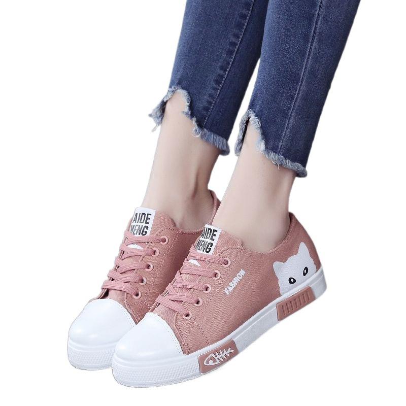 FiveFive Women Spring Cartoon Cat Women Casual Shoes Comfortable Flat Vulcanize Shoes Women Sneakers White Shoes