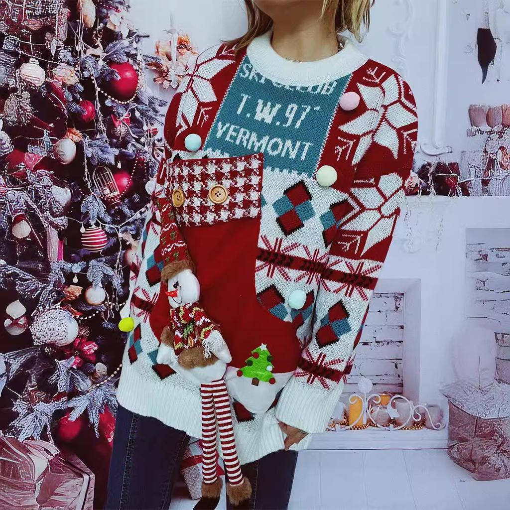 Foreign Trade Autumn and Winter New Thick Christmas Sweater Hand Decorated Button Letters Snowman Doll Pullover Sweater for Women 3525 EMA