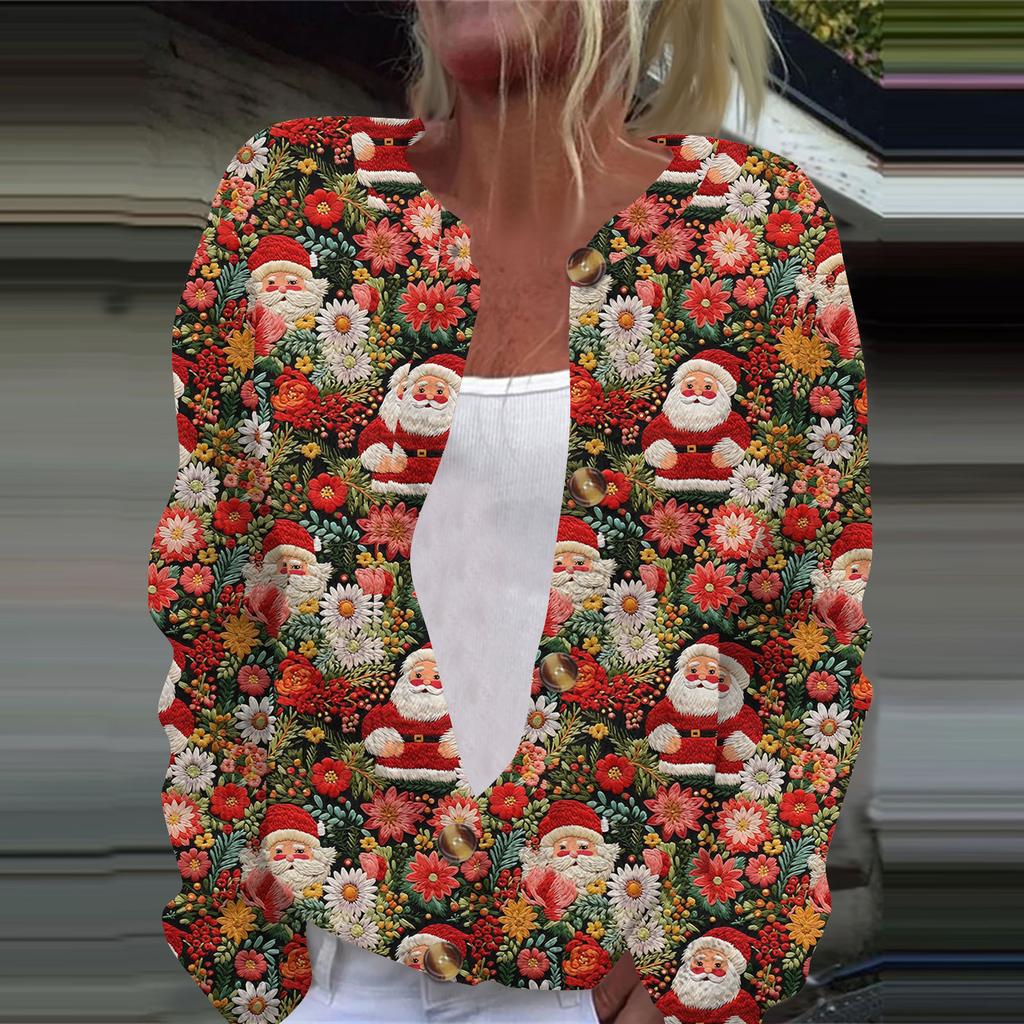 Women's Fashion Christmas Printed Long Sleeve Knitted Cardigan Button Down Jacket