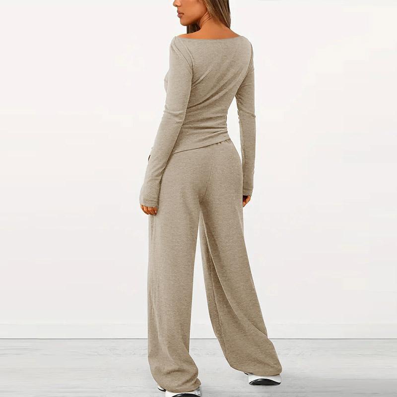 Женские повседневные брюки однотонного цвета с карманами, комплект из двух предметов, топ с длинным рукавом и круглым вырезом, завязка на талии, широкие брюки, наряды