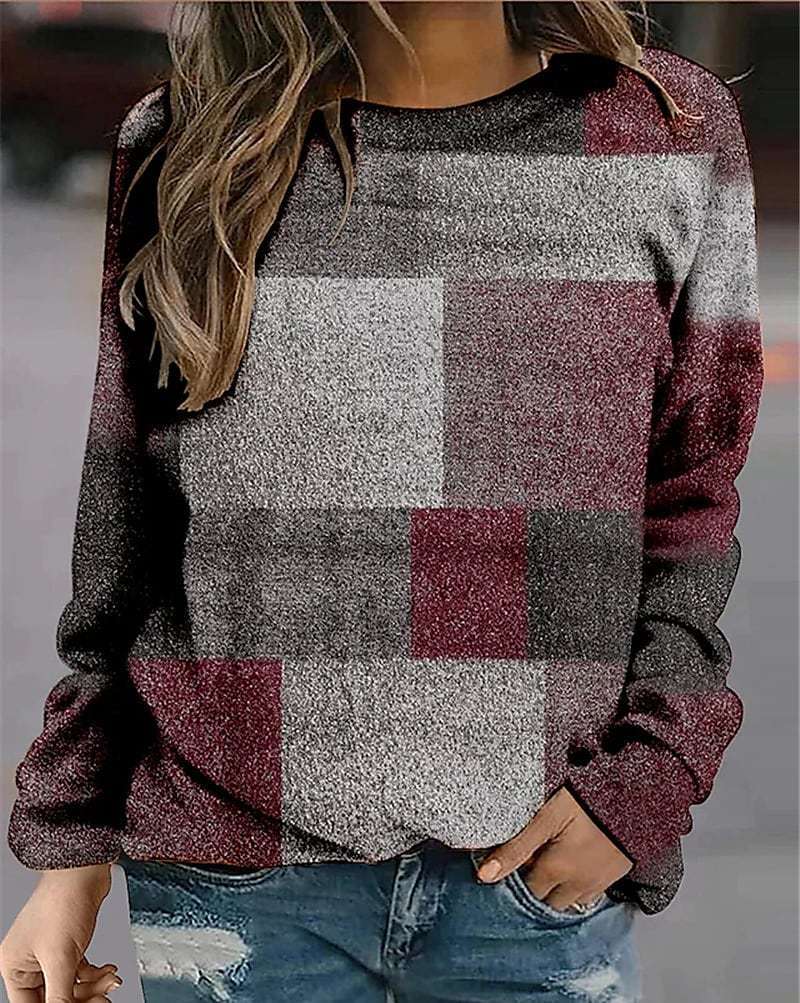 1116 Autumn and Winter Casual Europe Station Plaid Loose Printing Long Sleeve Crew Neck Sweater Women's Clothing