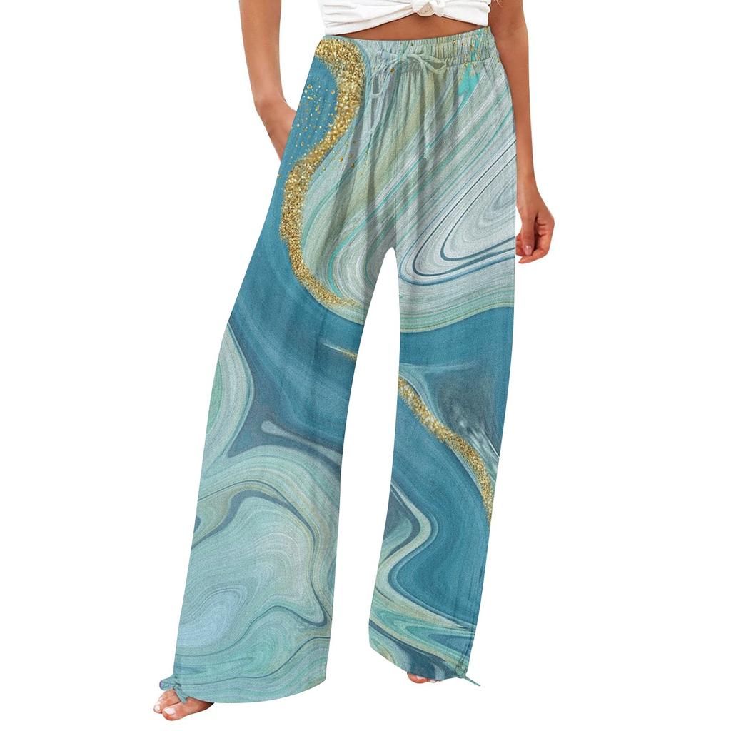 Брюки для женщин. Летние струящиеся брюки с высокой талией и широкими штанинами с принтом. Повседневные брюки.