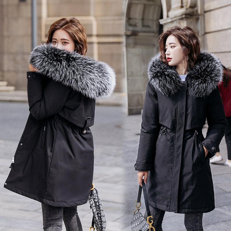 Women Fall Winter Jacket Coat Parka Thicken Cotton Liner Medium Long Hooded Fur Collar Adjustable Waist Solid Color M-6XL