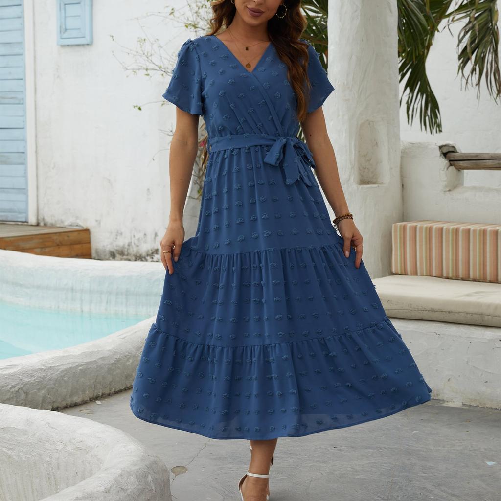 Women's Bohemian Polka Dot Dress Wrap V Neck Short Sleeve Solid Color Tie A-Line Layered Flowy Long Dresses