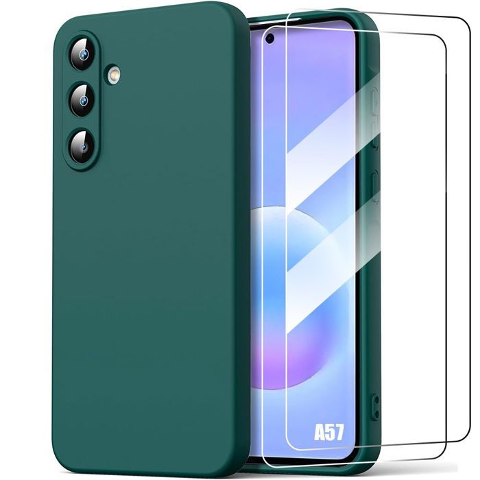 Coque Silicone pour Samsung Galaxy A57 5G - Protection Slim Anti-Rayure Vert Nuit - 2 Verres Trempés