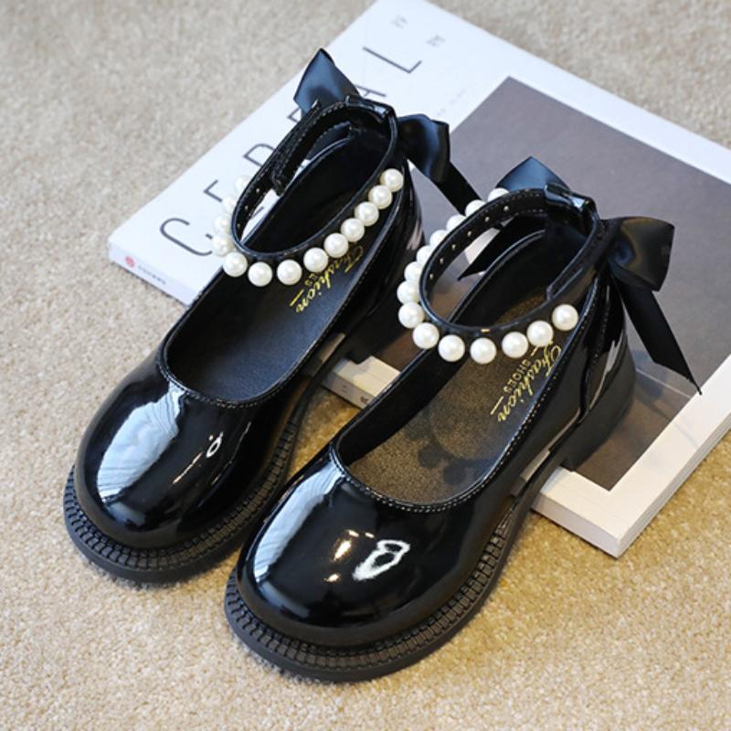 Туфли принцессы из кожи для девочек, блестящее детское школьное платье с бантом, на плоской подошве для танцев, модные детские туфли Мэри Джейн с жемчужным ремешком