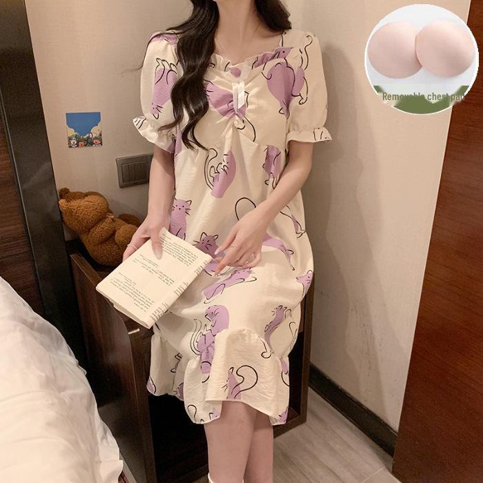 Ночная рубашка с короткими рукавами и нагрудной подкладкой 2024 года – Милый хлопковый облачный стиль в стиле мультяшной принцессы