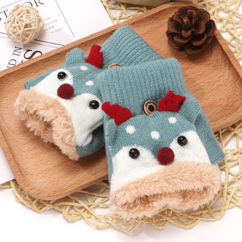 4-12 Years Children Gloves Winter Knitted Half Finger Plush Thick Warm Cartoon Boy Girl Christmas Flip Gloves