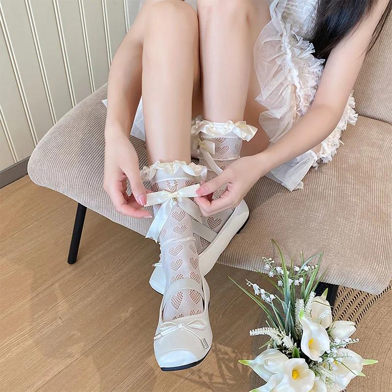 Чулки женские с принтом в виде сердца, ажурные, сексуальные, кружевные, сетчатые, гольфы, милые, с бантом, кавайные, с оборками, женские чулки