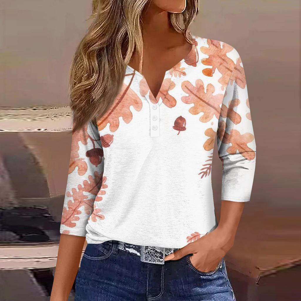 Женская модная повседневная футболка с коротким рукавом и V-образным вырезом, декоративными пуговицами и рукавом три четверти