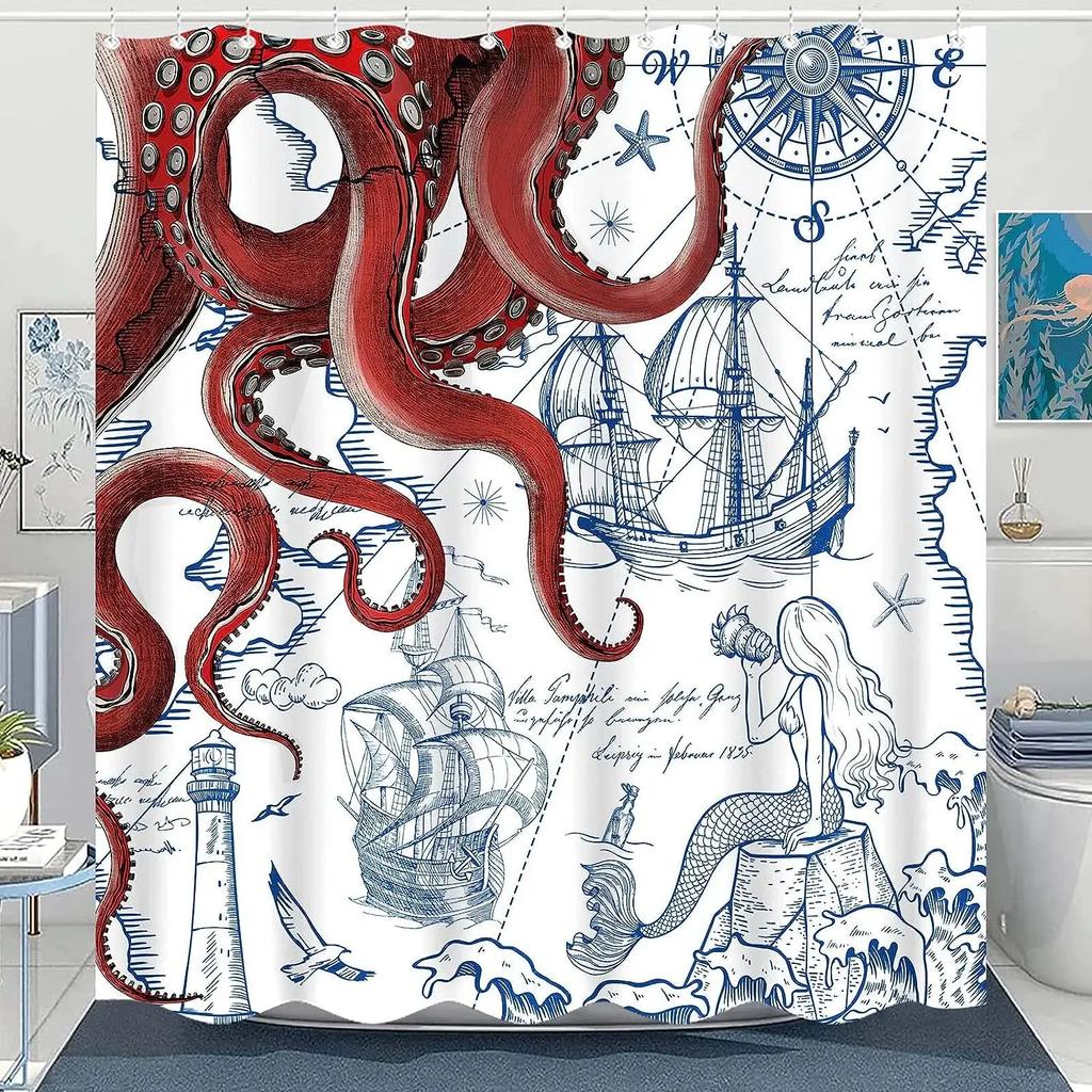 Funny Octopus Shower Curtains Marine Animal Mermaid Sailboat Vintage Nautical Map Bath Curtain Fabric Bathroom Decor with Hooks