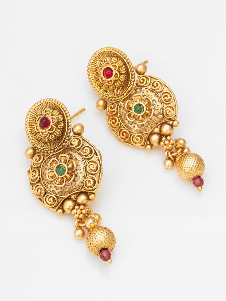 Gold-Plated White Stone-Studded & Beaded Temple Jewellery Set
