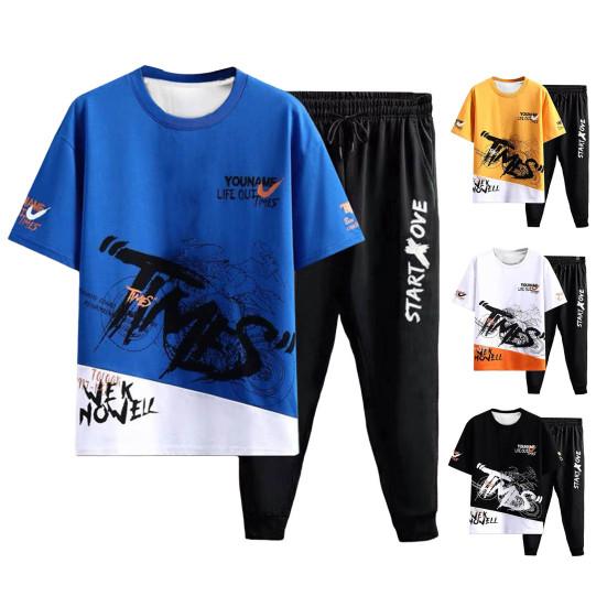 2Pcs/Set Men Letter Print O-neck Short Sleeve T-shirt Elastic Waist Drawstring Sweatpants Set Sport