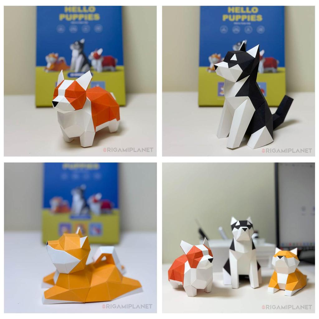 ORIGAMIPLANET Hello Puppies 3D Origami Paper Craft Gift Set 3 Inu 3D Origami Cute Animal Dog Paper Sculptures for Teens Birthday Home Decor DIY Art
