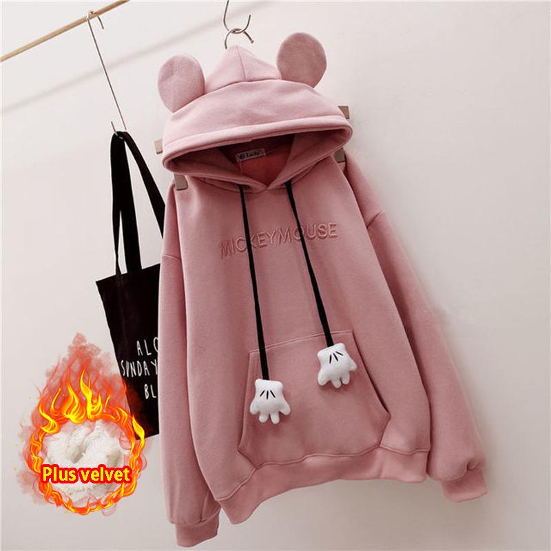 Autumn Winter Girls Hoodies Cute Bear Ears Printing Letter Long Sleeve Sweatshirt Children Fleece Thick Pullover Tops
