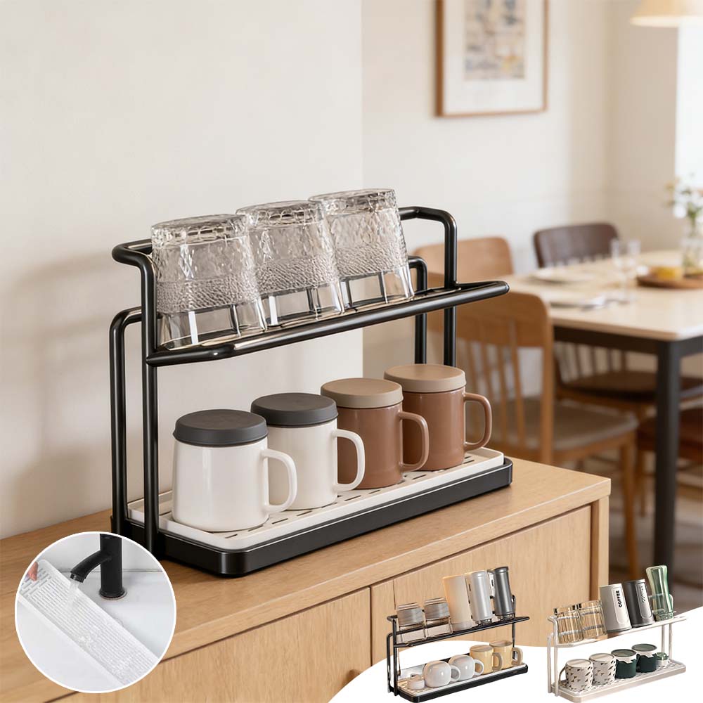 2-Tier Cup Mug Drying Rack Kitchen Countertop Drainer with Drainboard Utensil Holder Rust-Proof Dish Mug Drying Storage Shelf