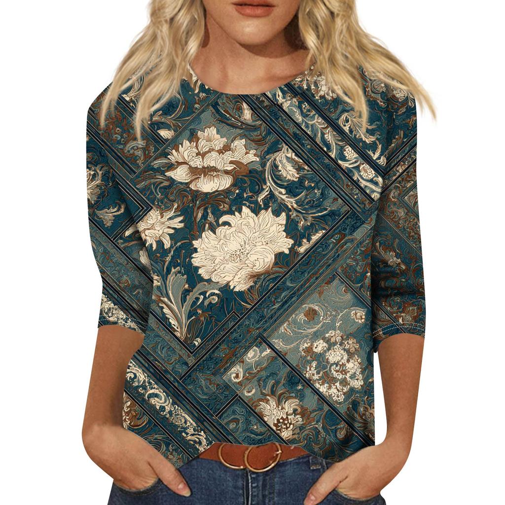 Trendy Vintage 3/4 Sleeve Top For Women ,Ladies Casual Three Quarter Sleeve Round Collar Printed T-Shirt Blouse