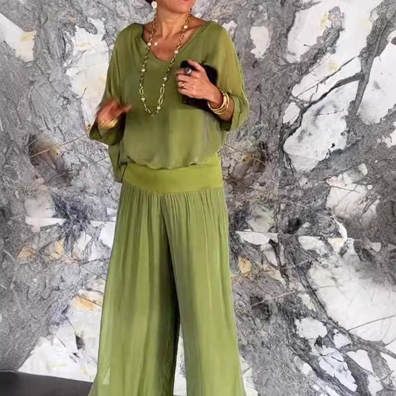 Женский сексуальный топ с V-образным вырезом, короткими рукавами и широкими брюками, летние повседневные наряды из шифона, повседневные свободные уличные комплекты из двух предметов