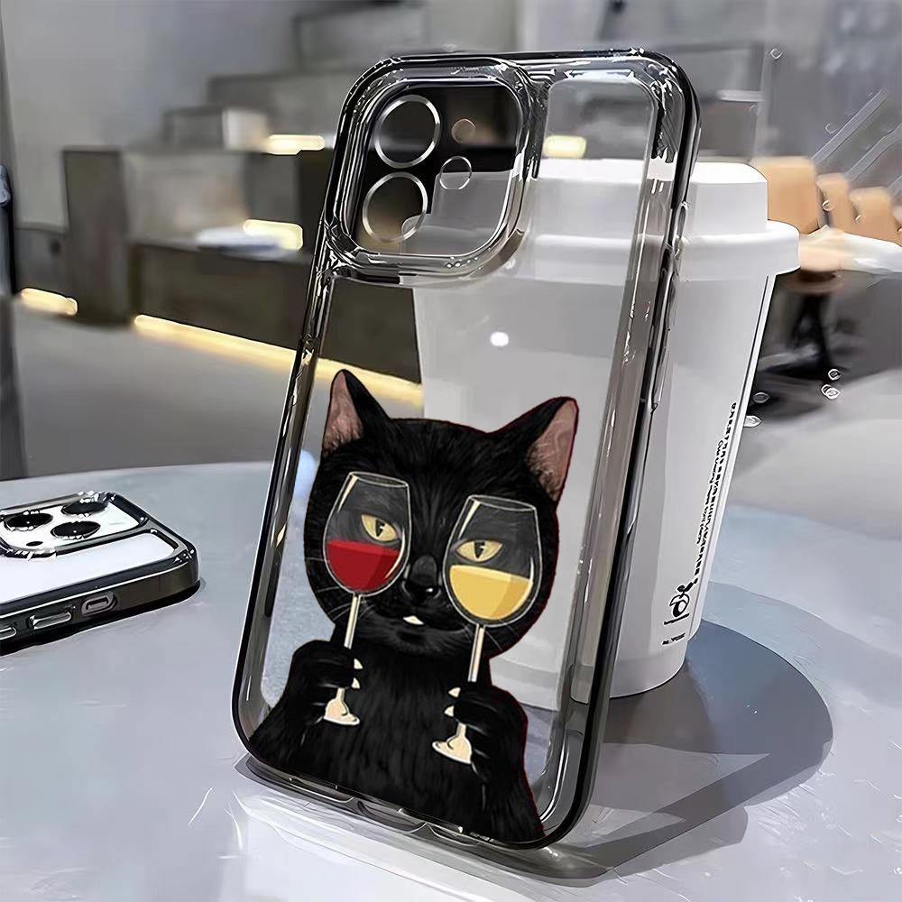 Cute Black Cat Wine Bottle Print Phone Case for iPhone 17 16 15 14 13 12 11 16E Series Pro Max Plus Double Layer Protection