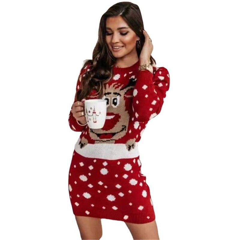 Women's Casual Christmas Print Long Sleeve Bodycon Dress, Slim Fit Sexy Gown Knitted Dresses New Year's Clothes Sweater Dress