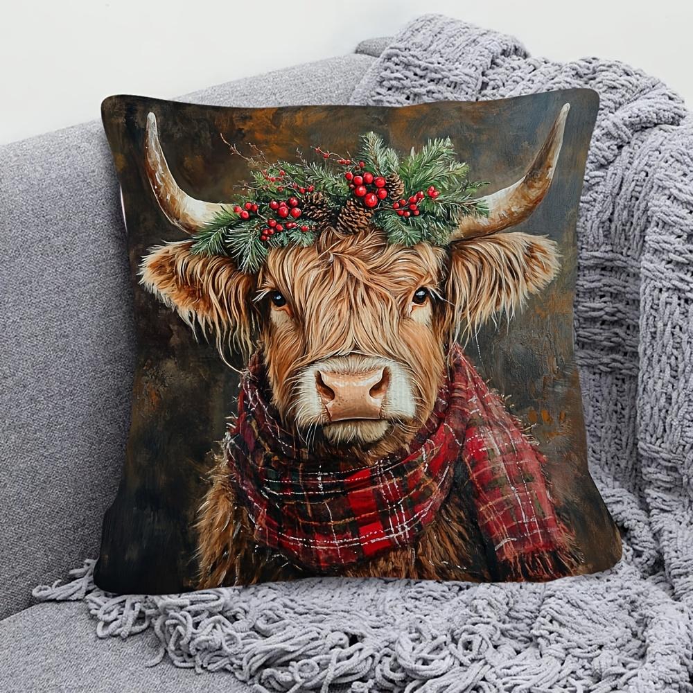 Highland Cow Christmas Double Sided Pillow Cover Zippered Pillowcase Sofa Living Room Rustic Farmhouse Decor