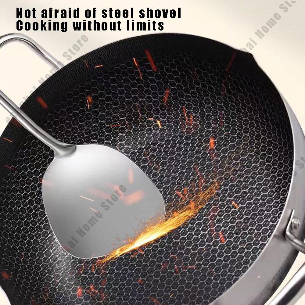 Non-Stick Egg Frying Pan Stainless Steel Soup Pot Honeycomb Induction Cooker Gas Stove General Durable Kitchen Cookware 30Cm Wok