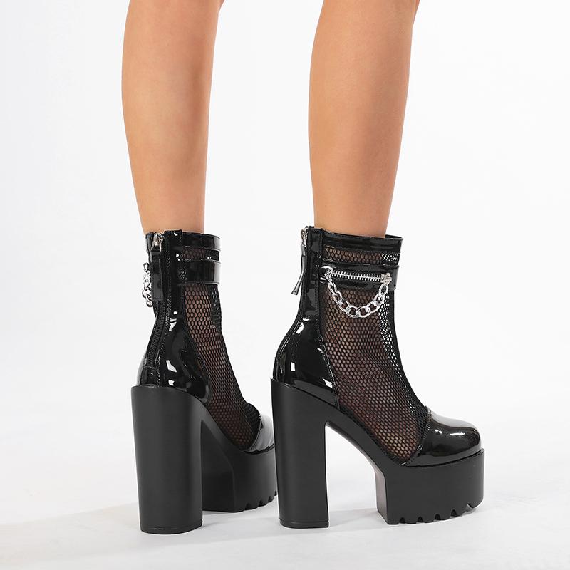 Gdgydh Женские короткие сапоги на блочном каблуке, стильные ботильоны на высоком каблуке с дышащей сеткой и молнией сзади, модная летняя обувь с цепочкой