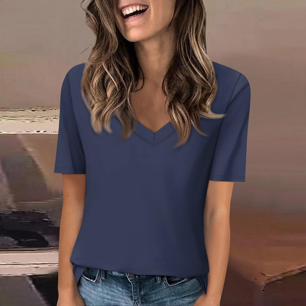 Женская футболка с v-образным вырезом, топ с короткими рукавами, повседневная однотонная футболка