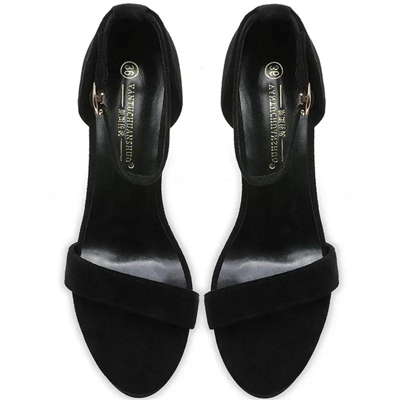 2024 Новые Летние Женские 12см Высокие Каблуки 2см Платформа Замшевые Черные Сандалии Леди Шпильки Ремешковые Сандалии Подиум Фетиш Обувь