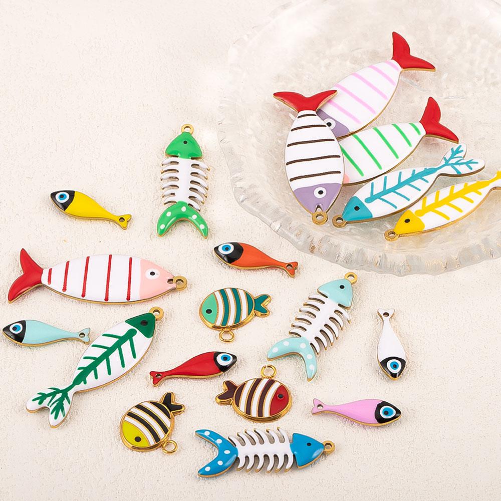 2pcs Stainless Steel Cute Enamel Stripe Fish Color Fish Tail Charms Animal Pendant Base for DIY Earring Necklace Jewelry Making