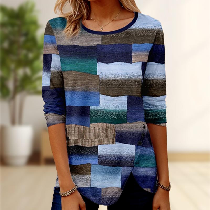 Топы для женщин с принтом синего пигмента, круглым вырезом и длинным рукавом, футболка, осенний повседневный тонкий пуловер, женский топ с длинным рукавом