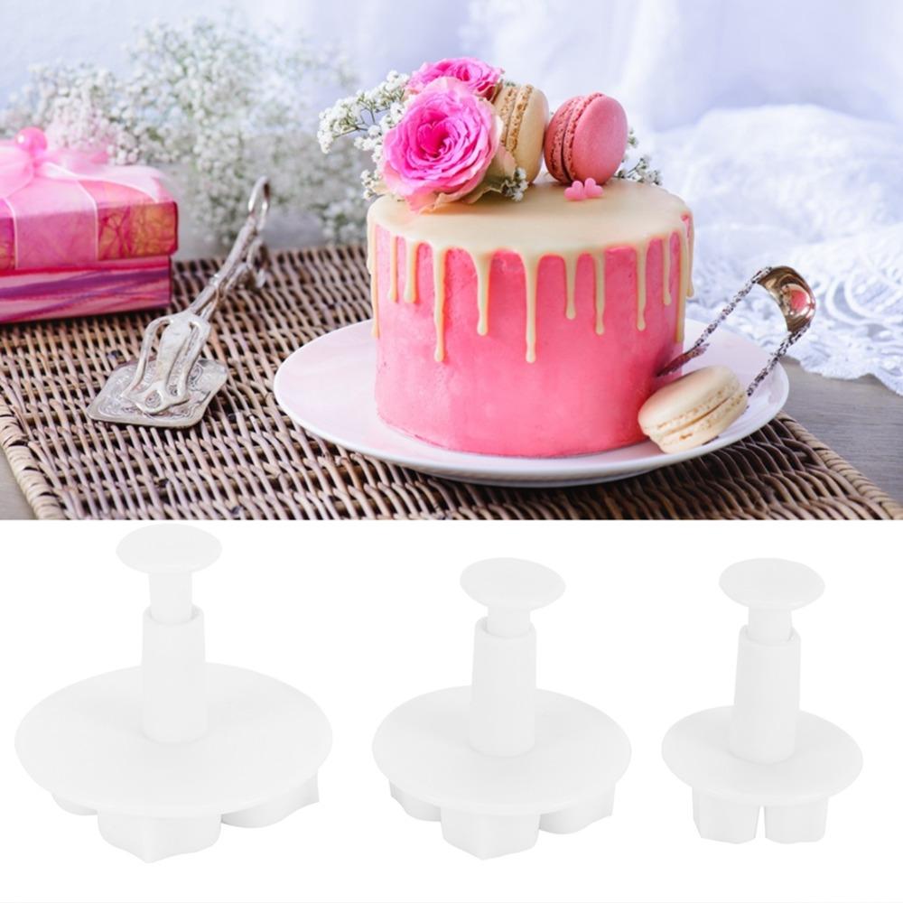 3PCS Food Grade PP Fondant Flower Cutter Flower Design Spring-Loaded Cake Plunger Cutters Easy Clean Cake Decor Embossing Mold