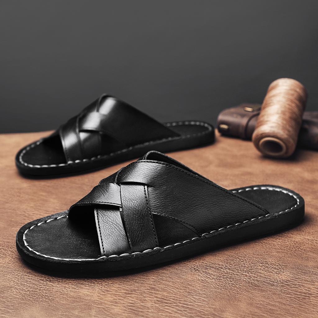 Summer Men High Quality Comfortable Non Slip Leather Slippers Casual Simple Open Toe Mules Sandals for Outdoor Walking Beach Home Daily Use