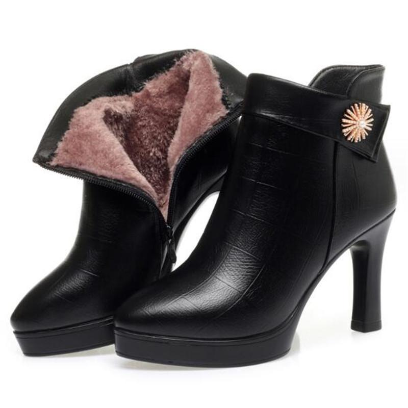 Women High Heels Genuine Leather Women Ankle Boots Autumn Winter Platform Plush Ladies Boots Brand Fashion Women Shoes