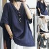 Women Summer Tops V-Neck Buttons Half Placket Short Sleeve Tee Shirt Solid Color Loose Fit Pullover
